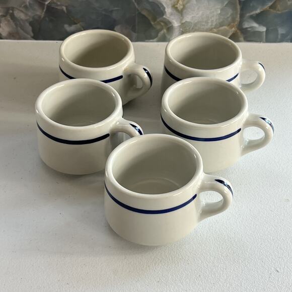 Tepco USA Restaurant Ware Mug X 5 Porcelain Ivory Blue Stripe Stackable Vtg MCM - Picture 1 of 7